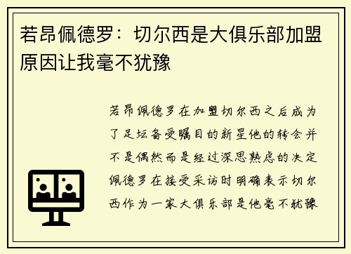 若昂佩德罗：切尔西是大俱乐部加盟原因让我毫不犹豫