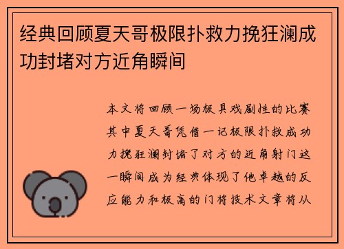 经典回顾夏天哥极限扑救力挽狂澜成功封堵对方近角瞬间