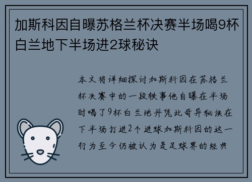 加斯科因自曝苏格兰杯决赛半场喝9杯白兰地下半场进2球秘诀